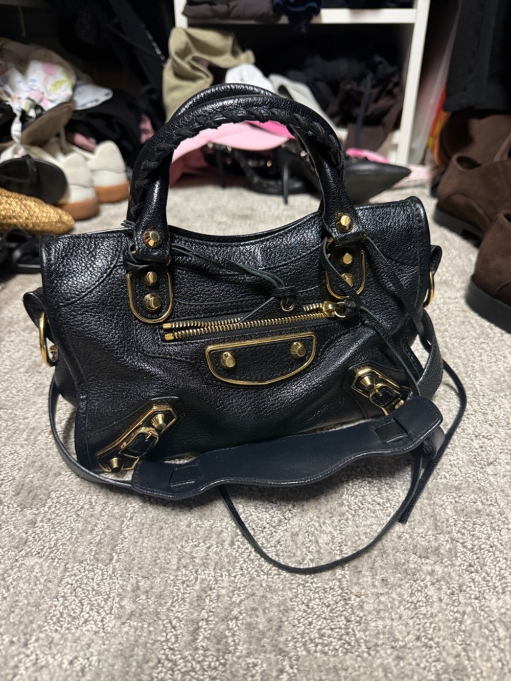 Balenciaga Black Leather Satchel with Gold Hardware Accents